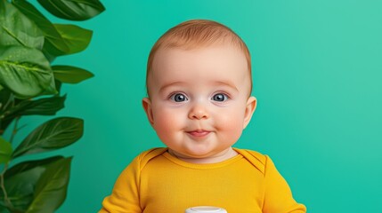 Smiling Baby Holding Touchless Thermometer Against Green Background