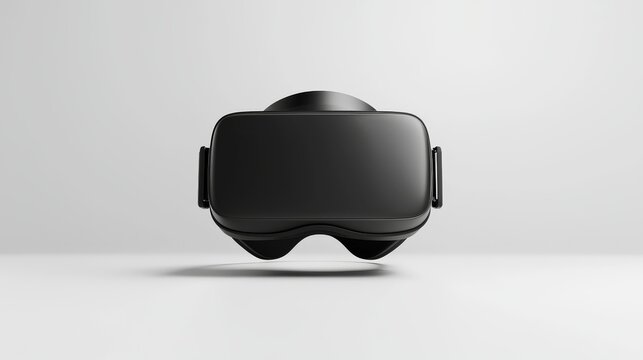A minimalist, frontal view of a black virtual reality headset against a gradient white background.