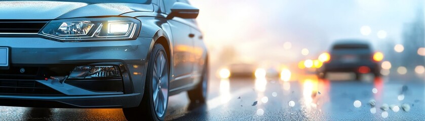 Dramatic drive, car navigating a rainslicked road amidst downpour