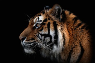 Naklejka premium Closeup portrait of a fierce tiger facing right with piercing eyes and striped fur on a black background.