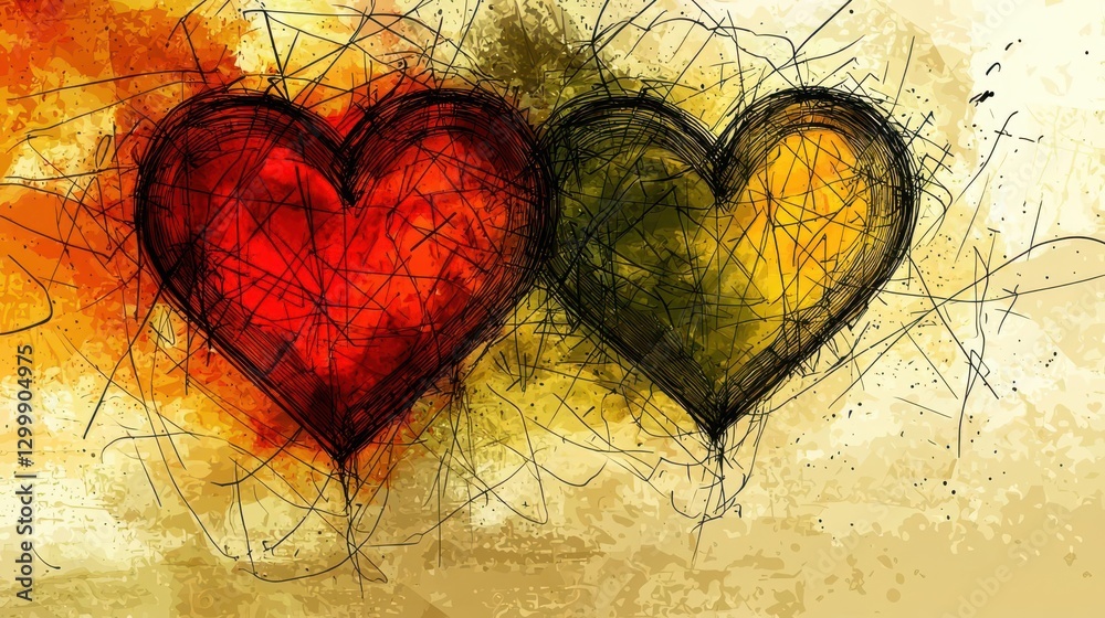 Poster two hearts on a gray background symbolizing love and affection in a minimalist design