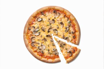 Golden brown crust pizza with melted cheese, sliced mushrooms, and herbs arranged in a circular pattern on a white background.