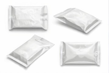 White plastic packaging bag with four views, rectangular shape, flap for easy opening, transparent material (Adobe Stock image).