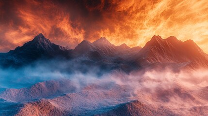 Fiery Sunset Over Misty Mountain Range