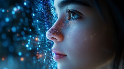 Artificial Intelligence Conceptual Image, Woman,s Face and Digital Data Overlay