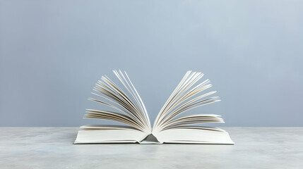 Open Book With White Pages On Gray Surface And Blue Backdrop Illuminated By Soft Natural Light