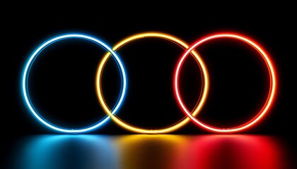 Three Illuminated Interlocking Neon Circles Displaying Bright Vibrant Colors