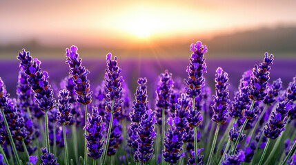 Fototapeta premium Lavender fields under a bright sunrise with vibrant purple flowers.
