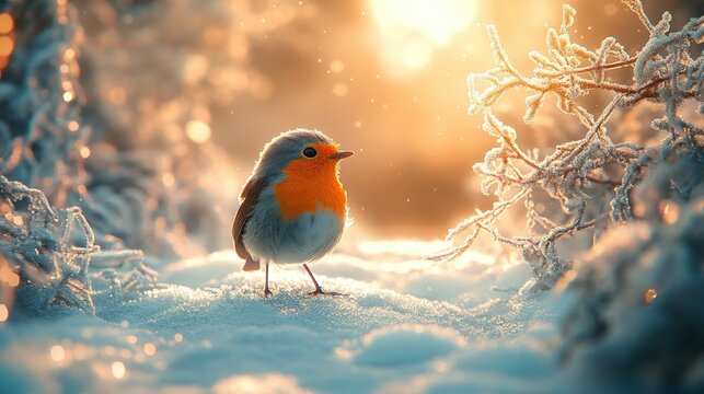 Winter Robin Awaiting Spring Cute Bird in Snowy Landscape Golden Sunlight