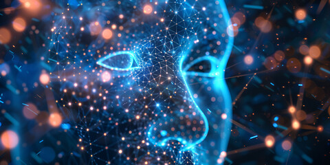 Futuristic AI face with glowing data points | Artificial intelligence and neural network visualization