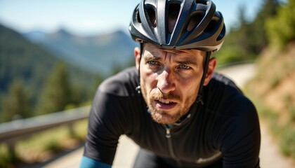 Close-up of focused male cyclist in helmet and cycling attire exerting effort on hilly road