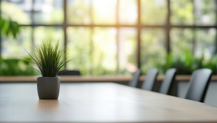Small Green Potted Plant on White Table in Bright Modern Office