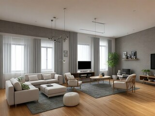 A large living room with a white couch, a white chair, and a white coffee table