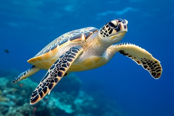 A group of sea turtles swimming near the coral reefs of a tropical island
