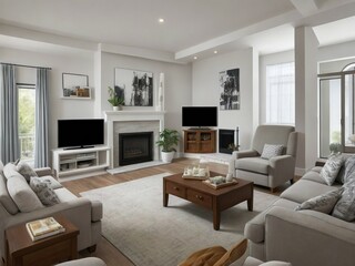 A living room with a fireplace, a couch, and a coffee table