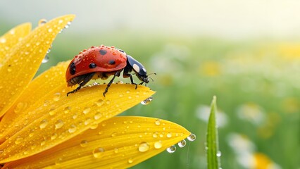 Obraz premium Ladybug on Yellow Flower: A vibrant ladybug delicately perches on a sunny yellow flower, its vivid red shell contrasting against the dewdrops.