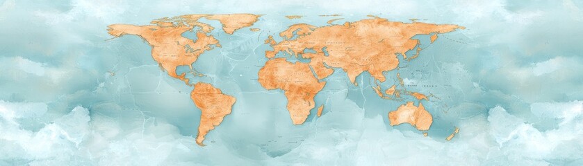 World map with blue sky background, a comprehensive view of earth's continents, oceans and countries