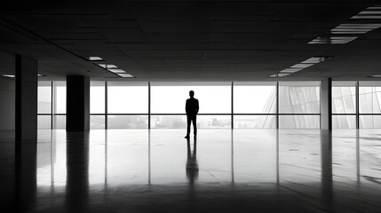 standing alone in an empty office, reflecting on challenges and setbacks 
