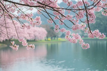 Fototapeta premium Spring cherry blossoms in vivid bloom over peaceful settings, ideal for tranquil backdrops and nature projects, capturing the essence of renewal and beauty for nature lovers