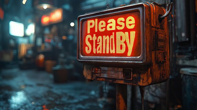 Vintage "please stand by" broadcast card with vibrant colorful graphics signaling technical difficulties during live transmission for a nostalgic television experience