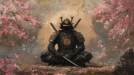 Serene Samurai: Meditative Warrior Amidst Blossoming Cherry Trees
