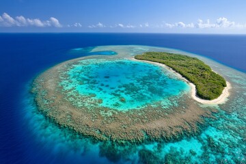 Obraz premium A high-angle aerial view of an island chain, showing coral reefs and crystal-clear lagoons