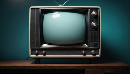 Vintage Television Set on Wooden Table, Nostalgic Broadcasting Era