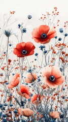 Vibrant floral arrangement featuring red and blue poppies in a serene, soft background