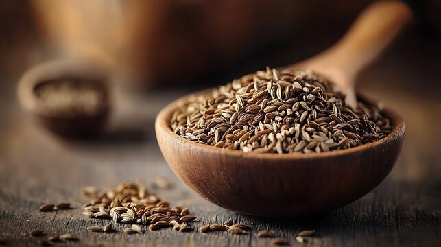 Cumin seeds in wooden bowl and spoon on old wooden table.