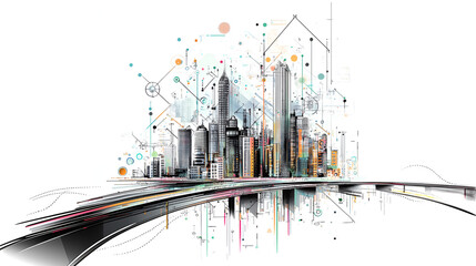 Smart Technology in Infrastructure of the City, black line with soft color and white background.