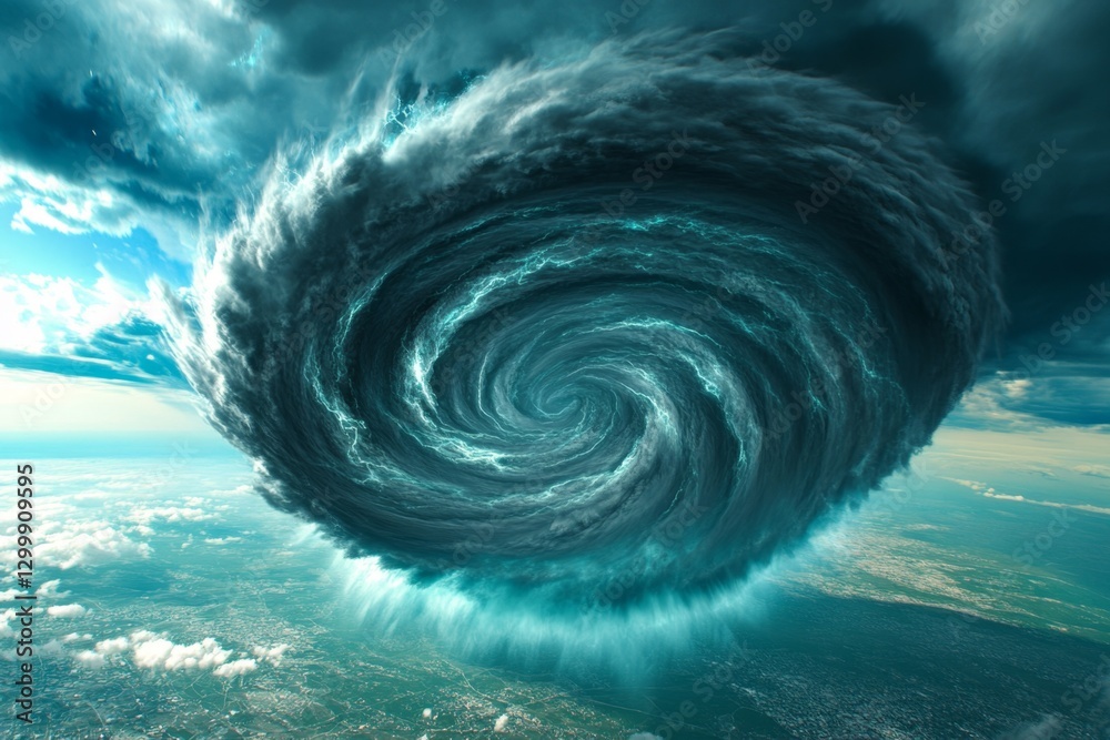 Poster a highly detailed 3d-rendered tornado simulation, showing wind currents and air pressure in action
