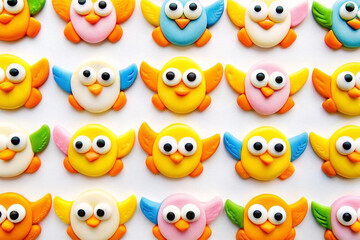 Colorful cute bird-shaped candies arranged in a grid pattern on a white background.