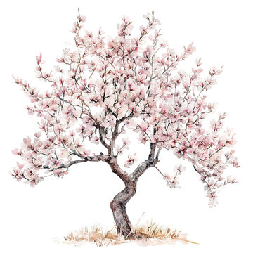 A watercolor illustration of a tree in full bloom, featuring soft pink blossoms.