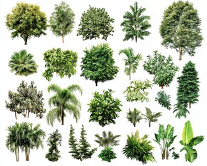 Vibrant variety of green plants and trees, including tropical and temperate species, isolated on clean white background, stunning realism, highdefinition quality
