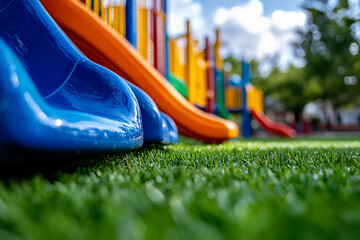 a colorful children's playground play set with slides and grass in the bac