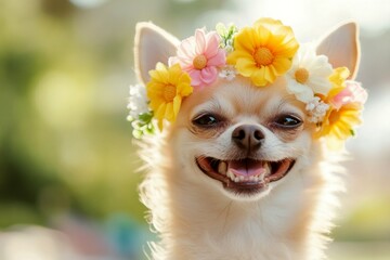 Vacation time happiness. Early sunshine. Cute adult dog chihuahua wearing primal flower circlet on...