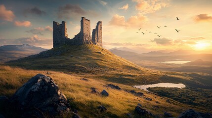 Majestic Castle Ruins at Sunset Over a Serene Landscape
