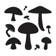 The set silhouettes of forest mushrooms white background