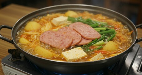 Korean army stew with tofu and vegetables