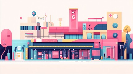 Obraz premium Stylized Cityscape Illustration with Geometric Buildings and Shops Artwork