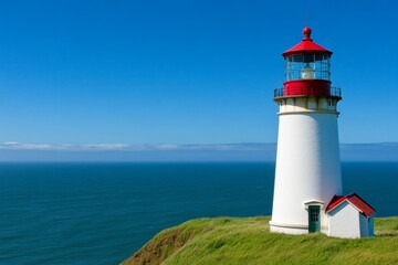 A lighthouse perched on the edge of a steep peninsula cliff, overlooking a vast ocean