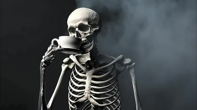 Human skeleton holding a cup of coffee, bones, black background	