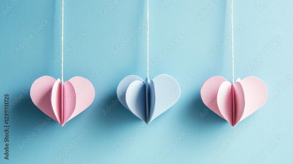 Poster Three paper hearts hanging on a string in a soft focus background for decorative purposes