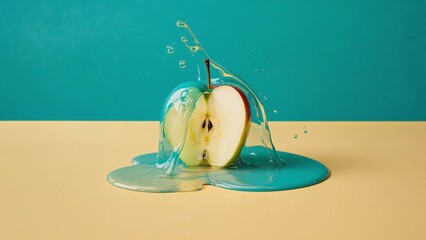 Apple Split in Two with Water Splashes and Blue Watercolor