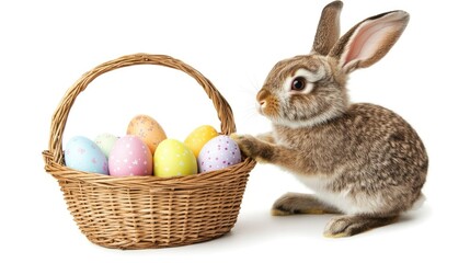 Cute Easter bunny with a wicker basket and colorful eggs, isolated on a white background. Detailed photograph, stock photography, studio lighting