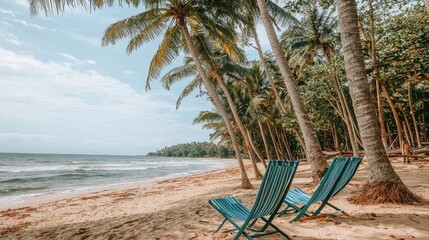 Serene beach scene with blue lounge chairs under palm trees, ocean waves gently lapping the shore