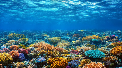 Obraz premium Vibrant Coral Reef Underwater Scene Displaying a Spectrum of Colors and Abundant Marine Life