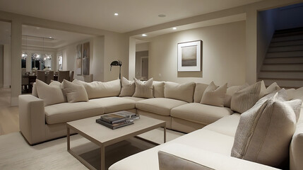 Fototapeta premium A large living room with a white couch and a coffee table. generated using AI