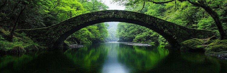 Ancient stone bridge over a tranquil river, covered in thick green moss, a fairytale-like and timeless setting