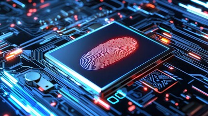 AI transforms the legal system with justice scales and digital gavels. Digital fingerprint on a circuit board, symbolizing security technology.